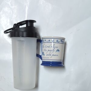 Blue and White Ceramic Mug with Black Lid Shaker